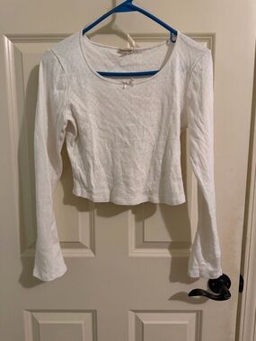 Ladies' Pointelle White Long-Sleeve Scoop Neck Top